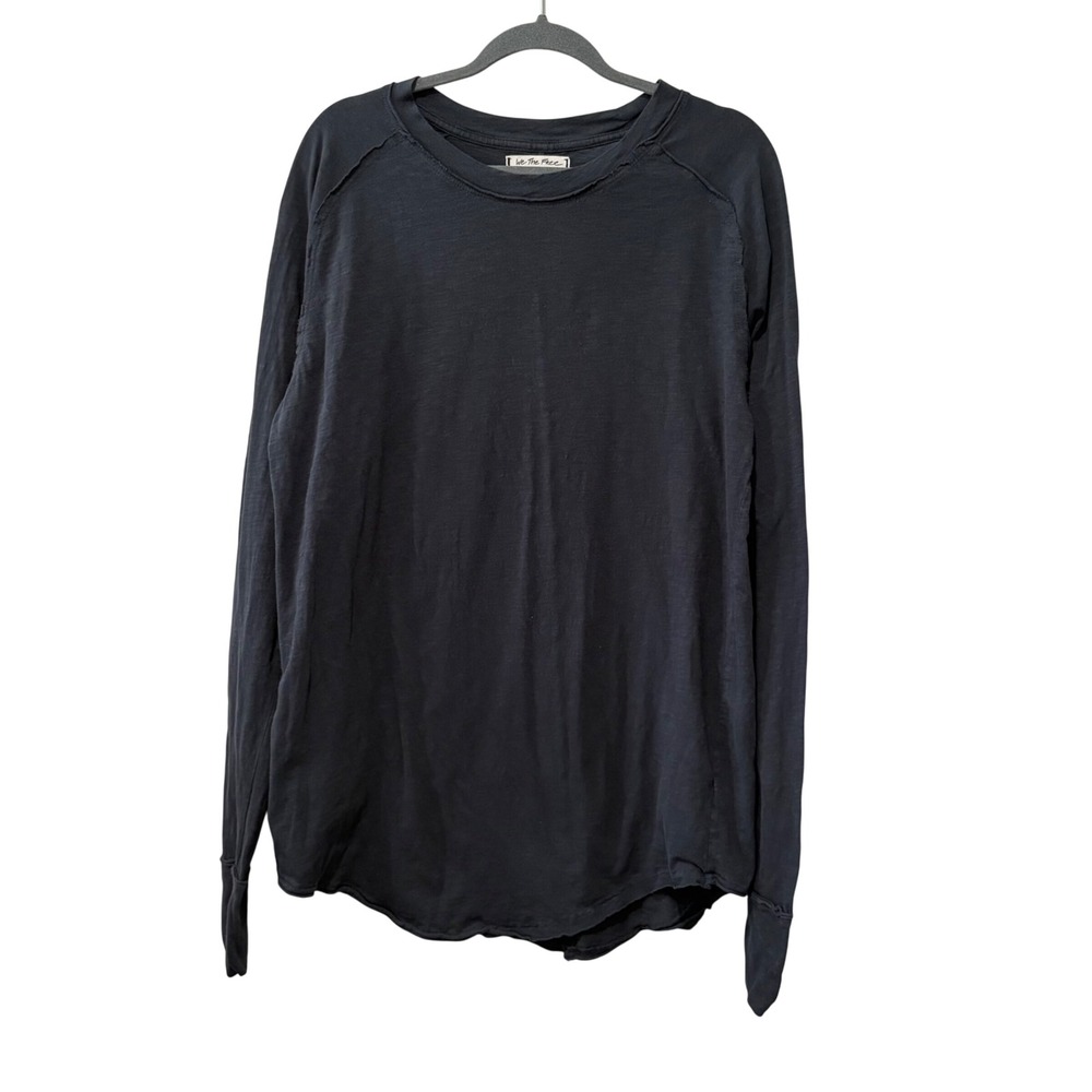 We The Free Arden Extra Long Cotton Top Women Medium Grey Raw Seam Slub Cotton